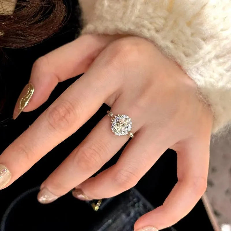 Silver adjustable bridal ring with geometric diamond design and ellipse shape