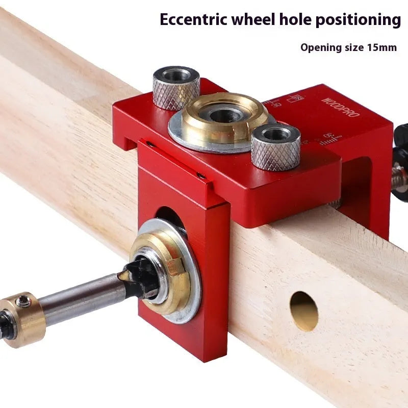 Woodworking punch locator tool with aluminium body, three drill bits, wrenches, and wood tips for furniture splicing