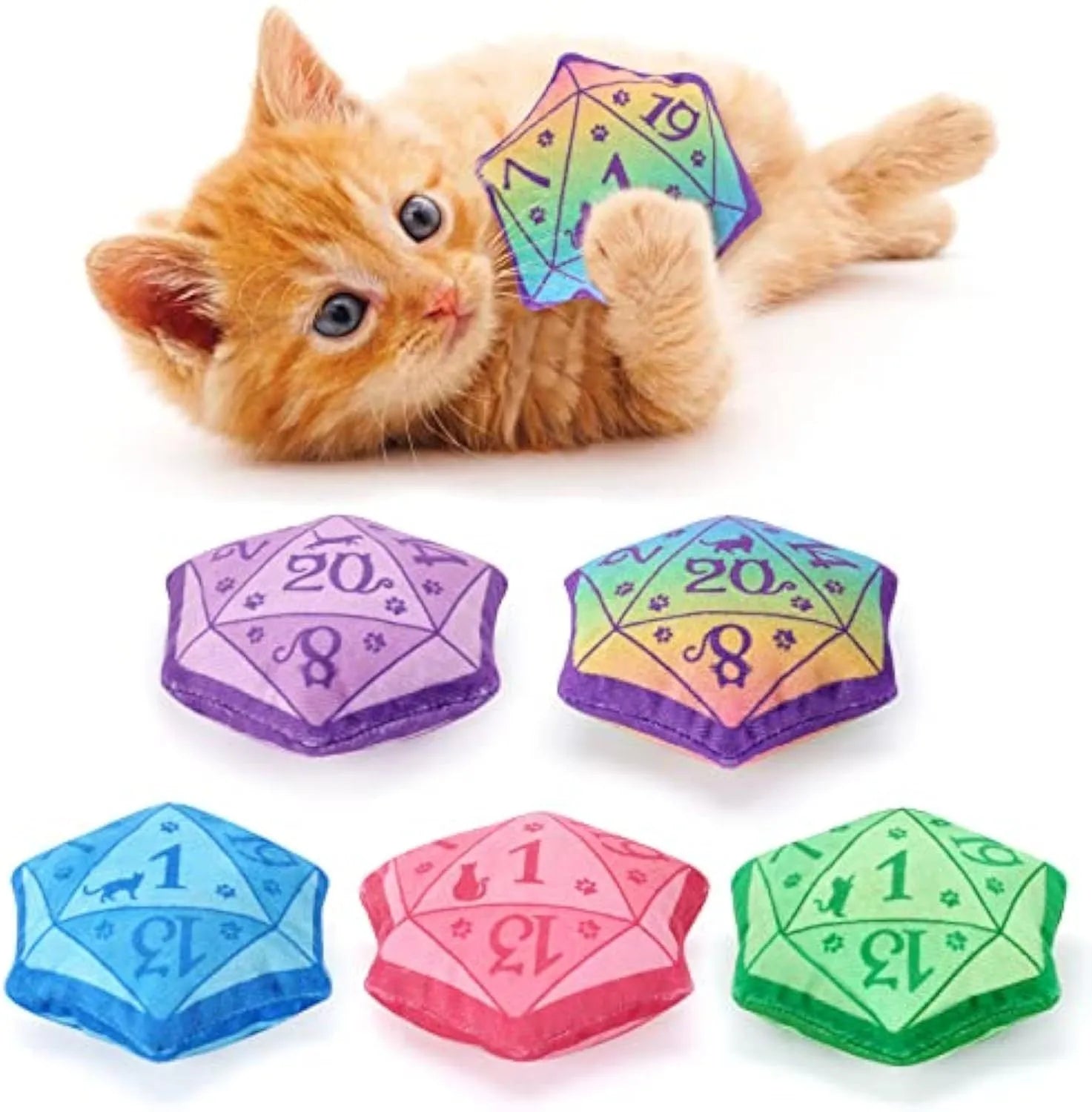 Dice-shaped plush catnip toy in multiple colours for D&D and cat play