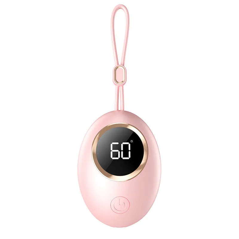 USB digital display hand warmer power bank in pink, showing aluminium heating plate