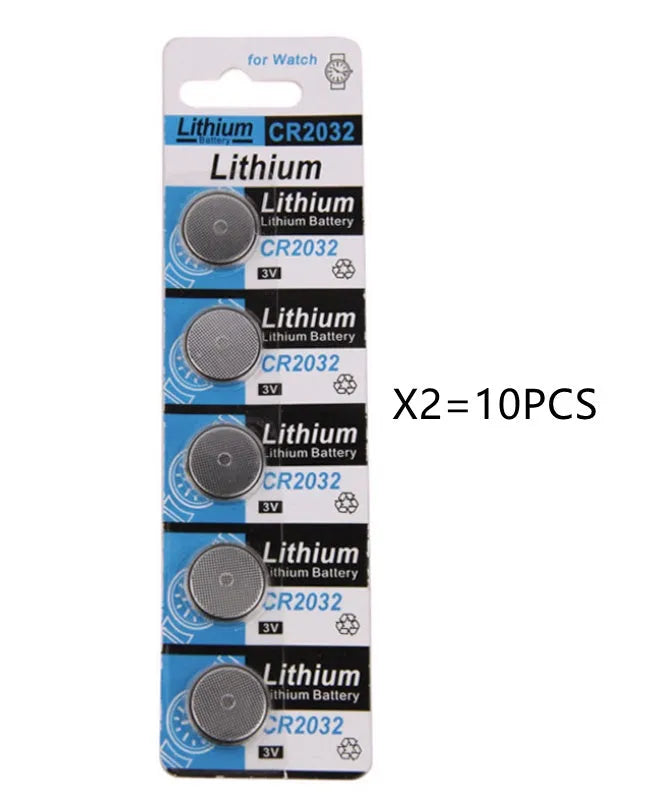 Pack of five CR2032 3V lithium button batteries on a blister card.