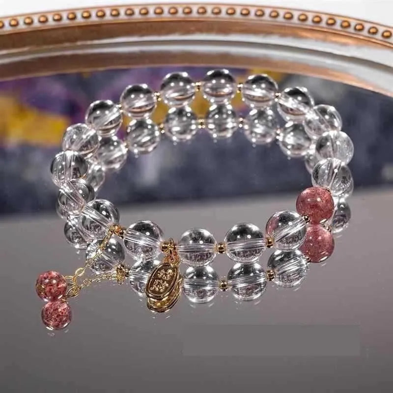 Handmade natural white crystal bracelet with strawberry beads in u-shape design