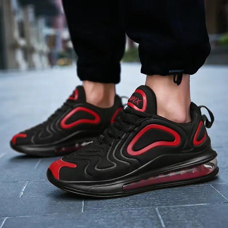 Men's black casual air cushion sneakers with a thick sole and round toe design.