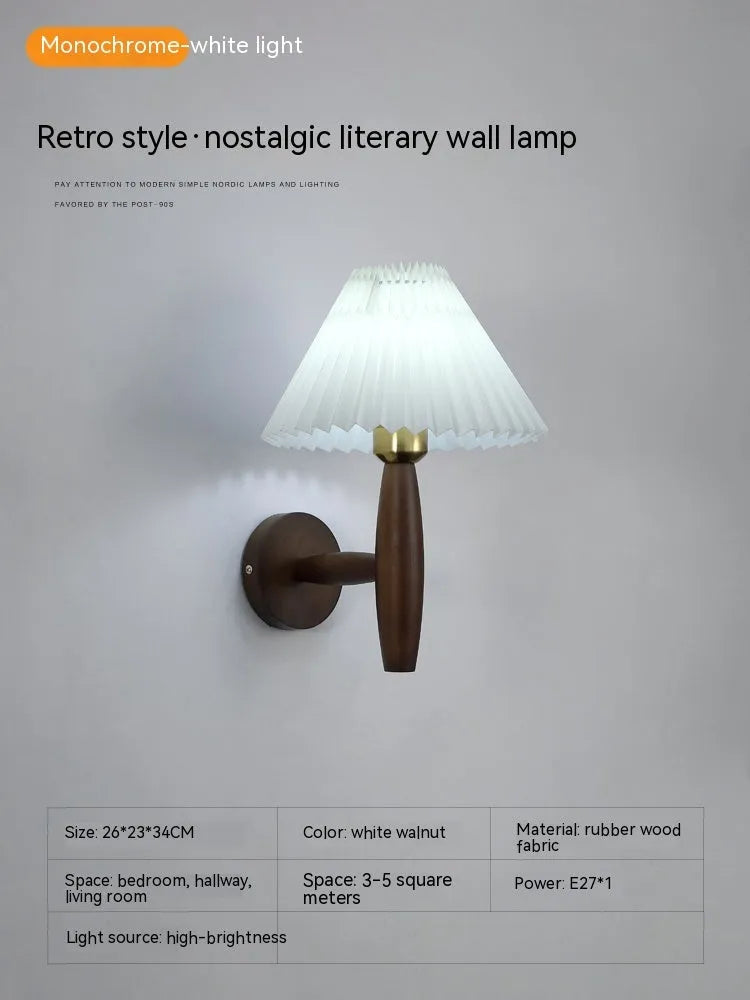 American retro walnut wood wall lamp with fabric shade and copper detailing
