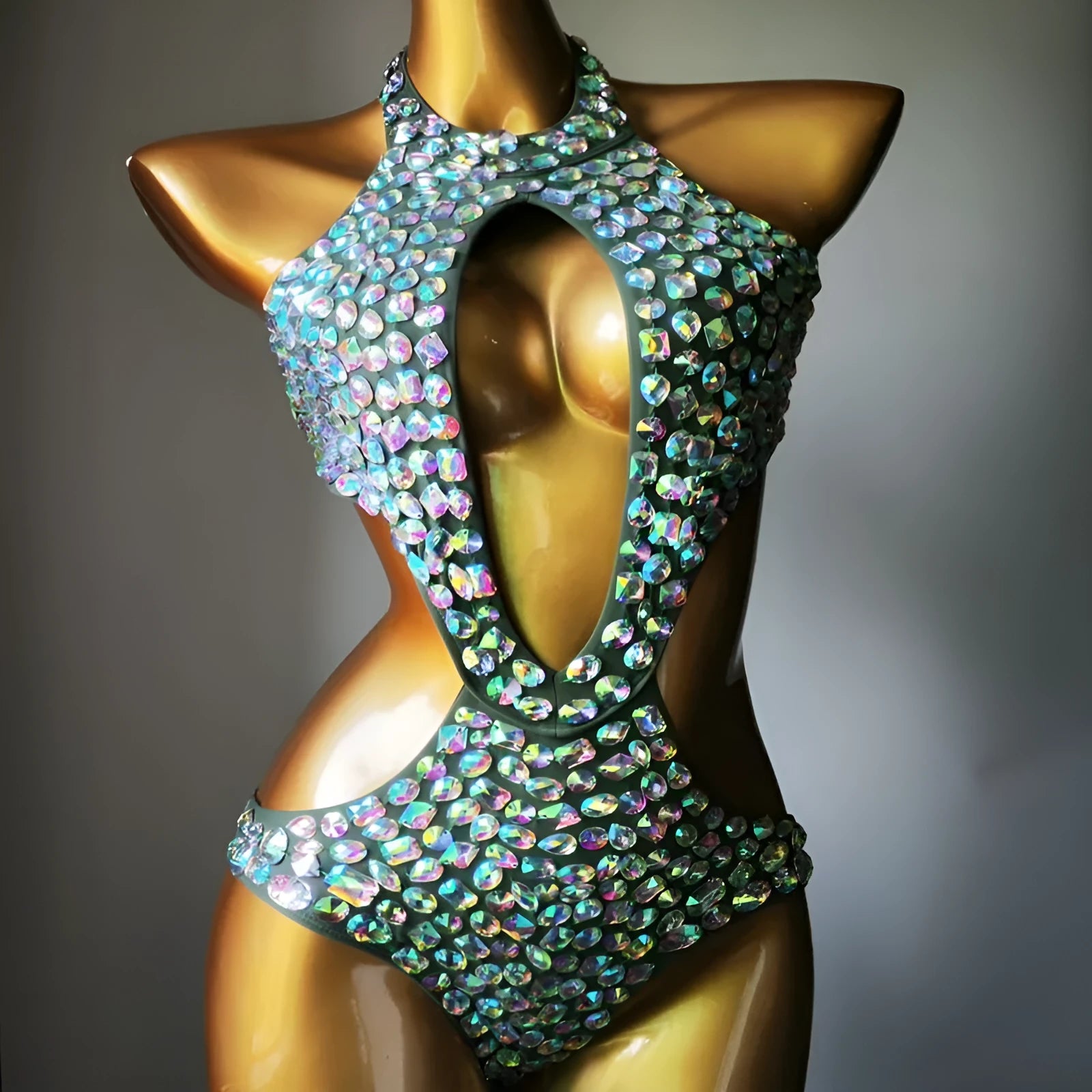 Women's one-piece swimsuit with mesh diamond inserts in army green colour