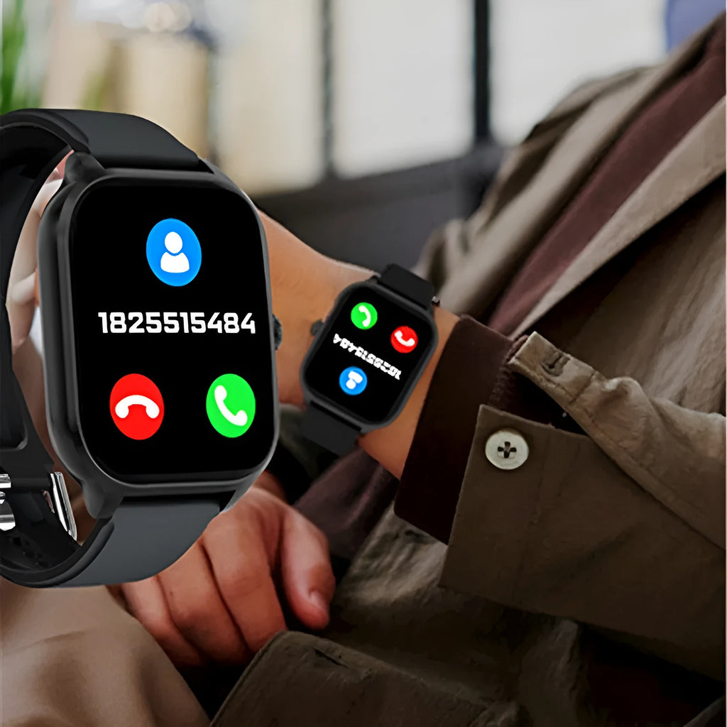 H9 Smart Watch in black showing Bluetooth calling and heart rate monitoring interface