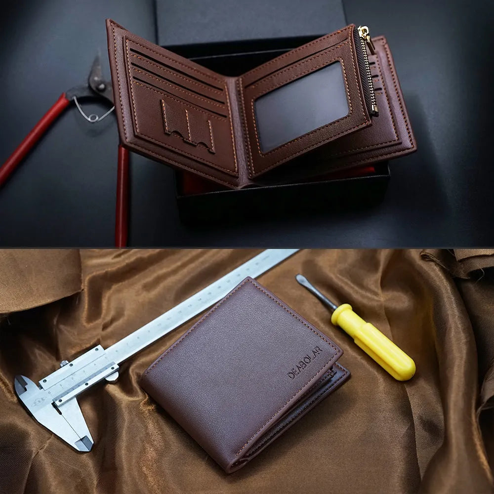Men's brown leather wallet with a silver zip and seven visible card slots.