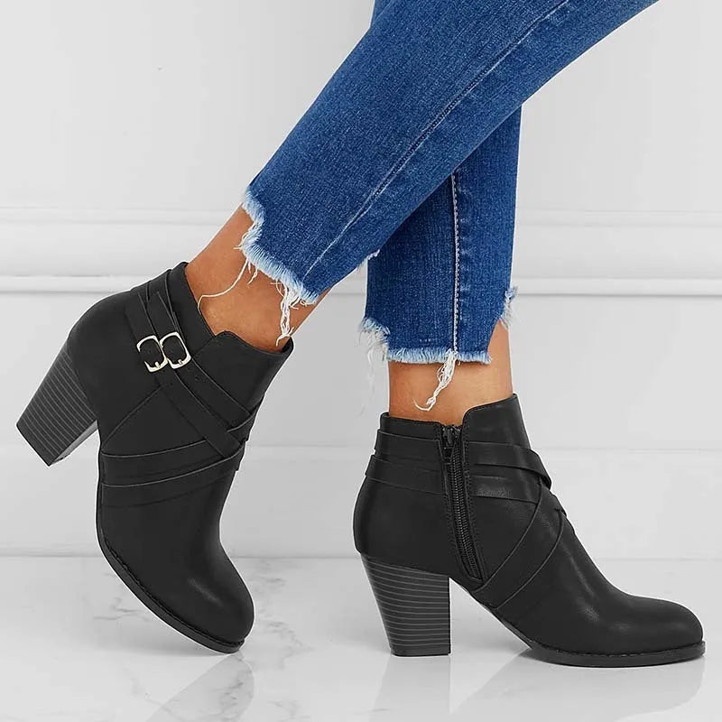 Gray plus size short boots with a 7cm stout heel, side zipper, and rubber sole.