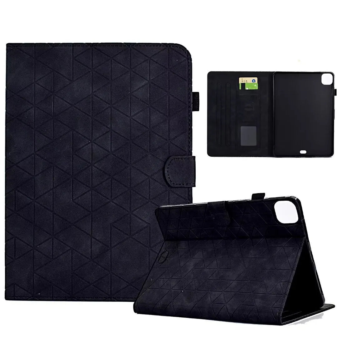 iPad Pro 11 leather case with card holder in diamond embossed green pattern, showing stand function.