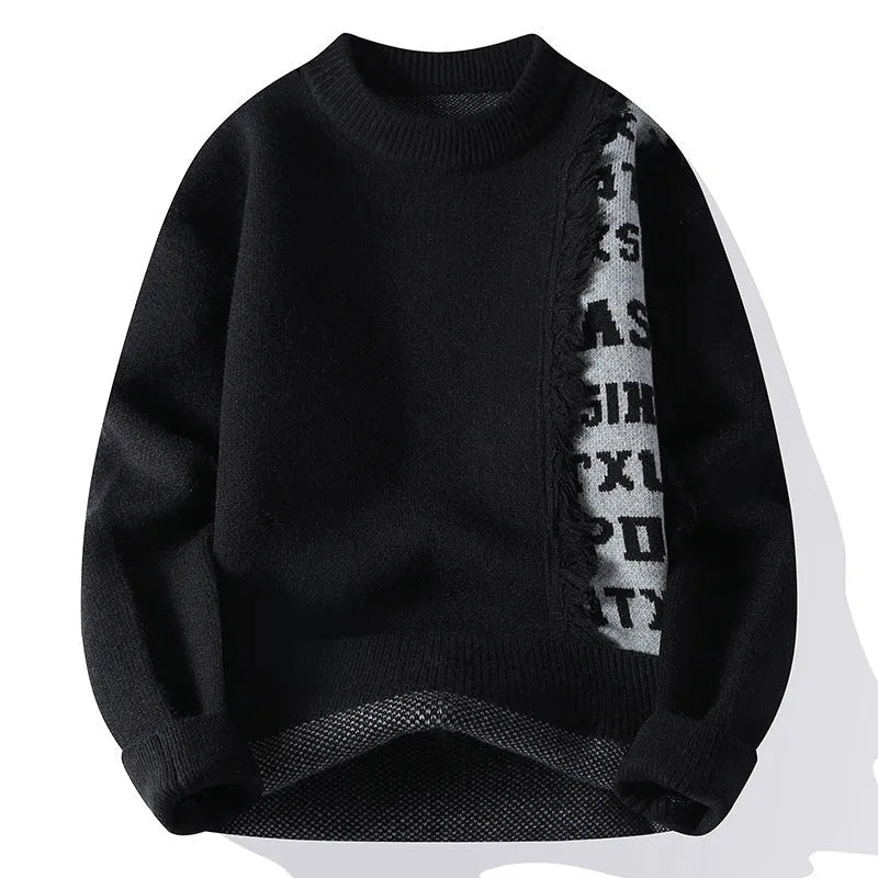 Men's loose fit knitted pullover jumper in rabbit fur polyester fabric with ribbed hem