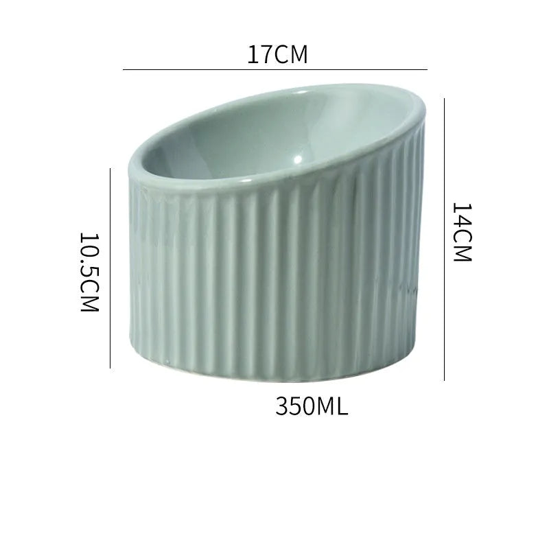 Ceramic elevated cat bowl in green colour with tilted design for anti-vomit feeding