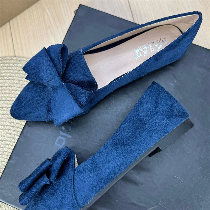 Women's solid colour bow pointed flat shoes with chunky heel and round toe in wine red colour
