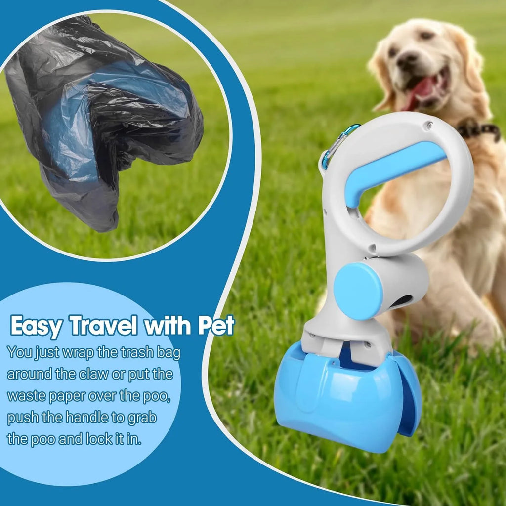 A blue plastic pet pooper scooper with a built-in holder for a roll of waste bags.