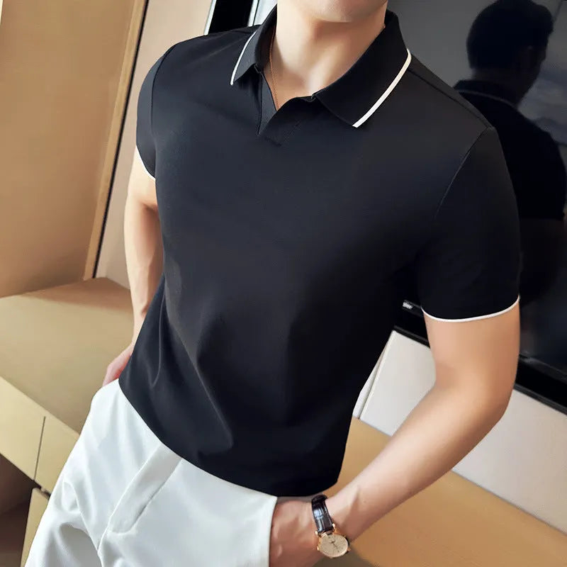 Men's short sleeve polo shirt with lapel collar in a cotton blend fabric, shown in multiple colour options.
