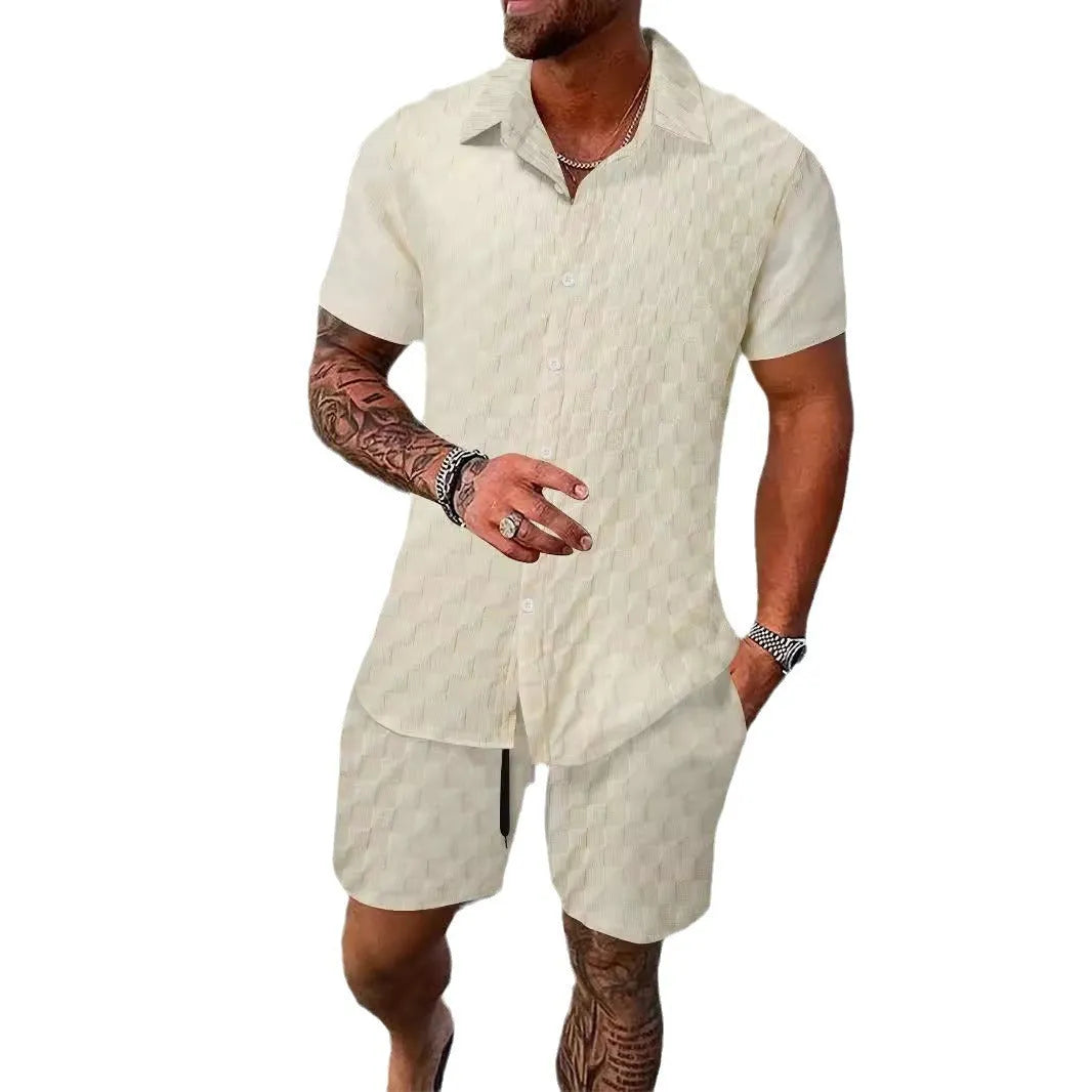 Men's chemical fibre shirt casual suit with short sleeve top and shorts in beige colour