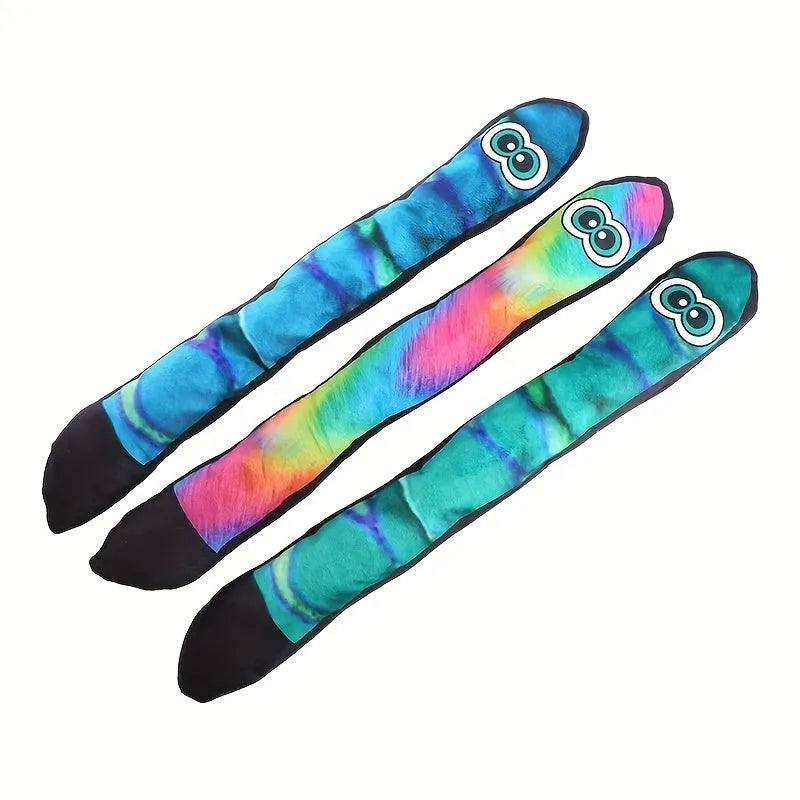 Plush snake dog squeaky toy with printed stripes in blue, green and rainbow colours
