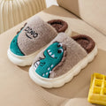Plush cotton couple slippers with dinosaur designs in grey, coffee, and orange colours