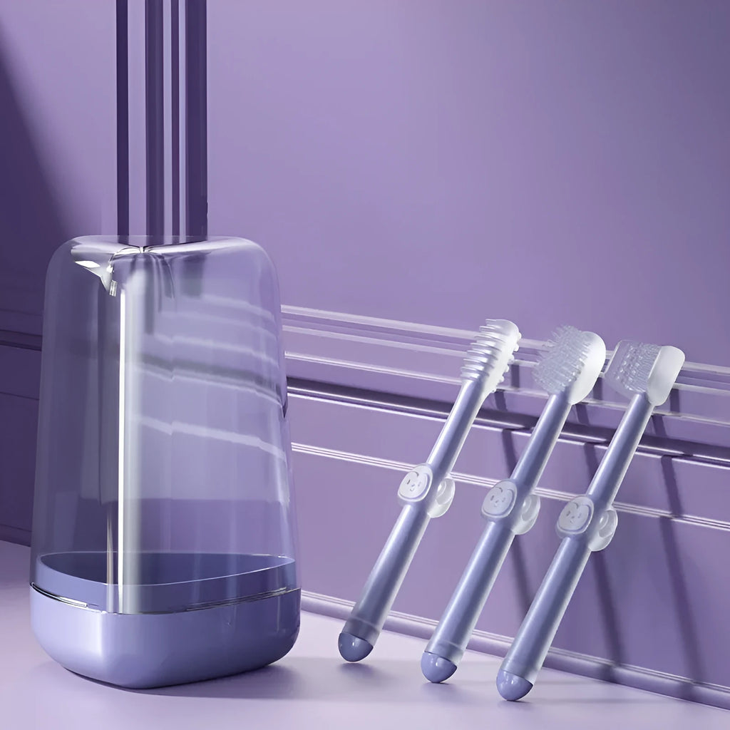 Purple silicone pet toothbrush with dual-ended design showing traditional brush head and finger brush