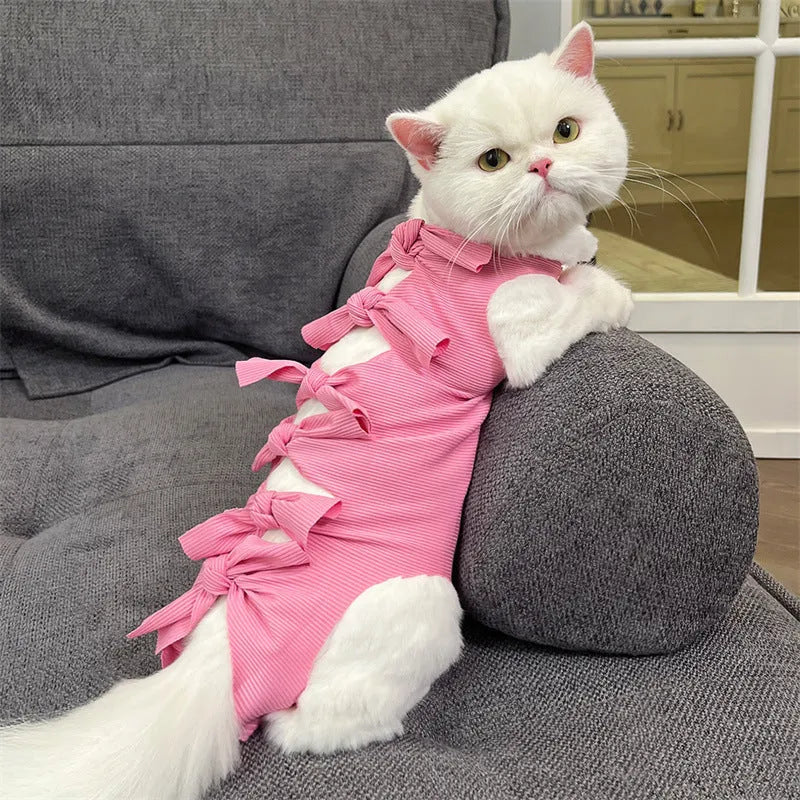 Lace-up cat sterilisation recovery suit in polyester shown in multiple colours with adjustable closure