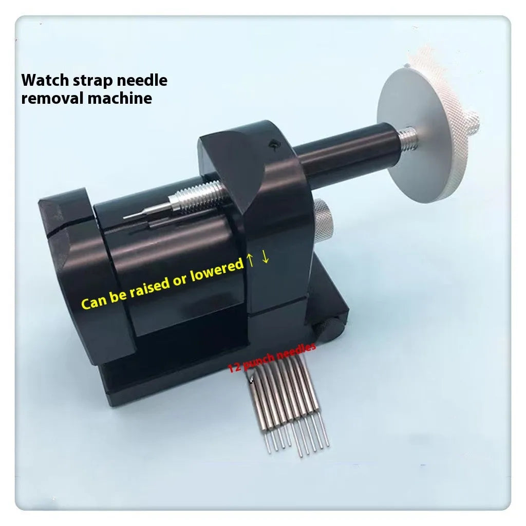 Steel alloy watch bracelet pin removal tool machine on a workshop bench.