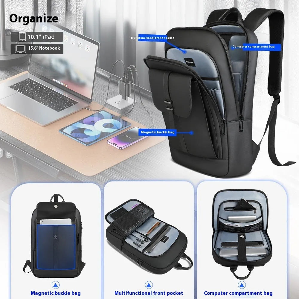 Black lightweight Oxford cloth backpack with visible sewing lines and urban style design