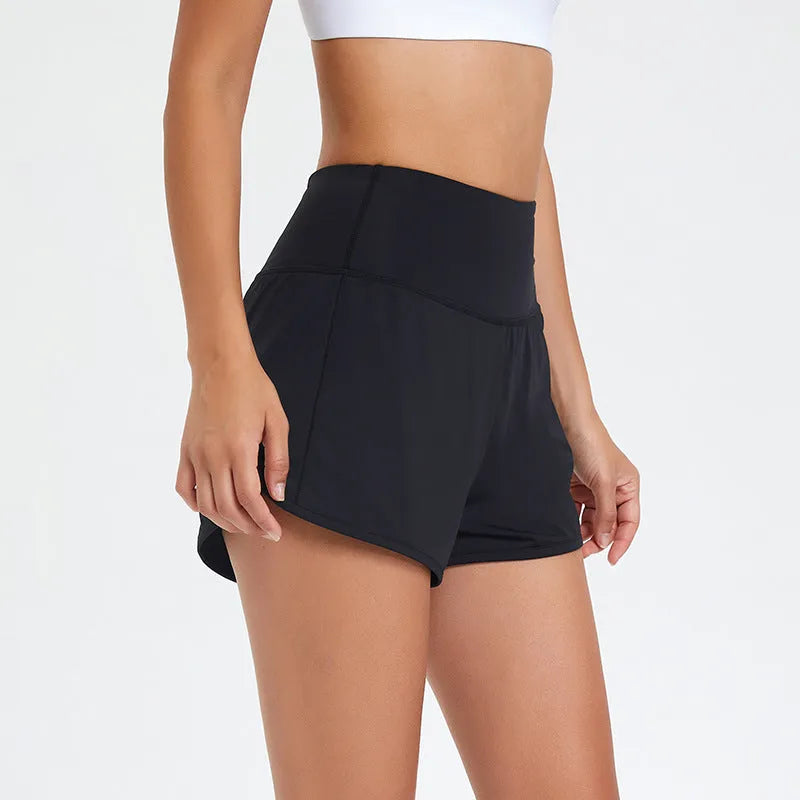 Women's nylon high waist fitness shorts in black, white, and water blue colours for summer sports