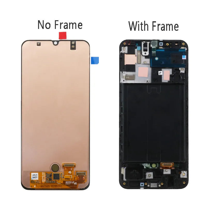 Samsung Galaxy A50 black OLED screen assembly with adhesive and repair tools laid out.