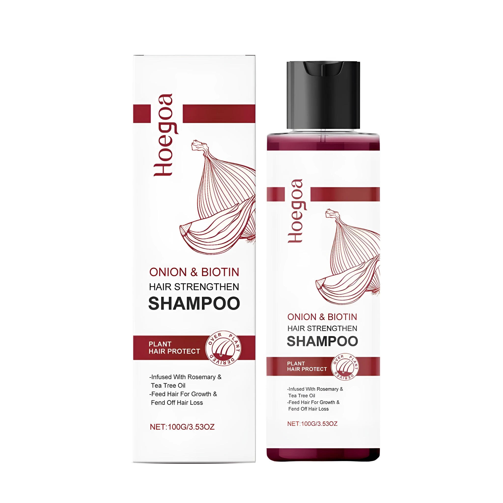 100ml bottle of shampoo with natural extracts of onion, biotin, rosemary, and tea tree oil.