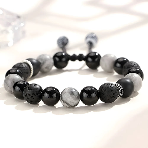 Black agate map stone bracelet with diamond shape design in New Chinese style.