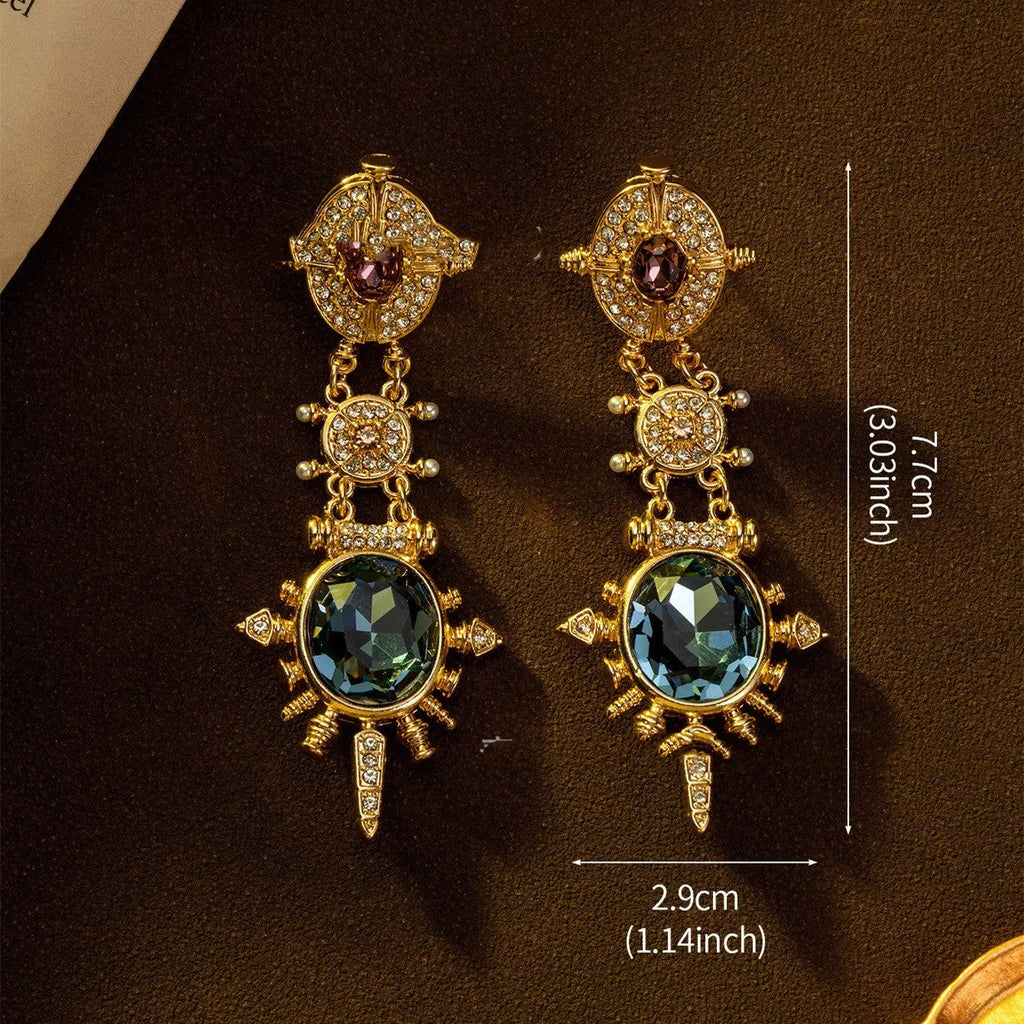 Gold retro geometric stud earrings with diamond-treated alloy construction