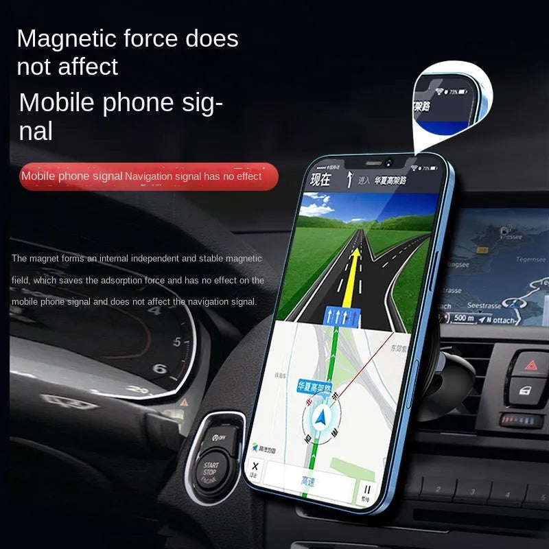 Black aluminium alloy magnetic suction car air outlet phone holder mounted on vehicle dashboard vent