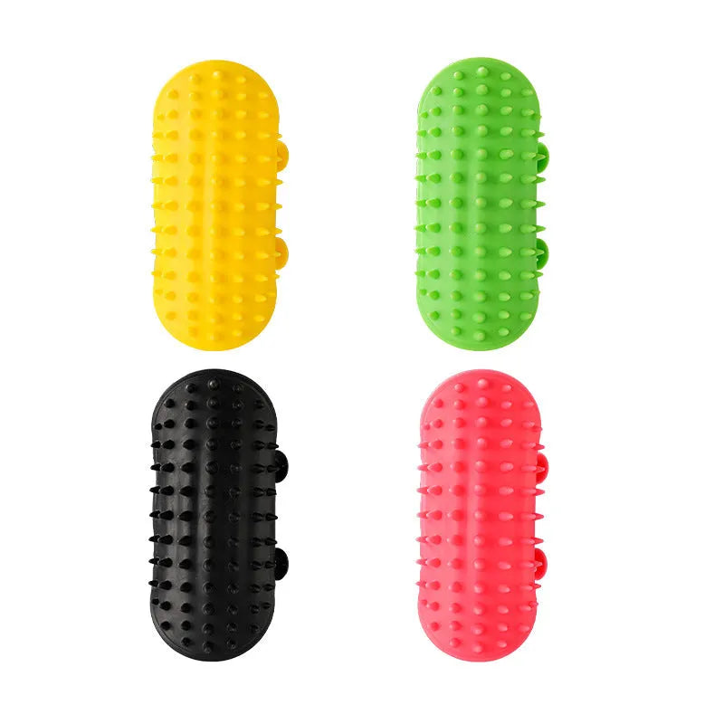 Silicone cat grooming brush mounted on table leg with adjustable strap, available in four colours