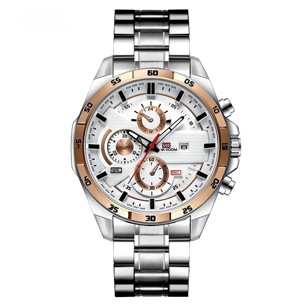 Men's casual quartz watch with leather strap and metal case in various colour combinations