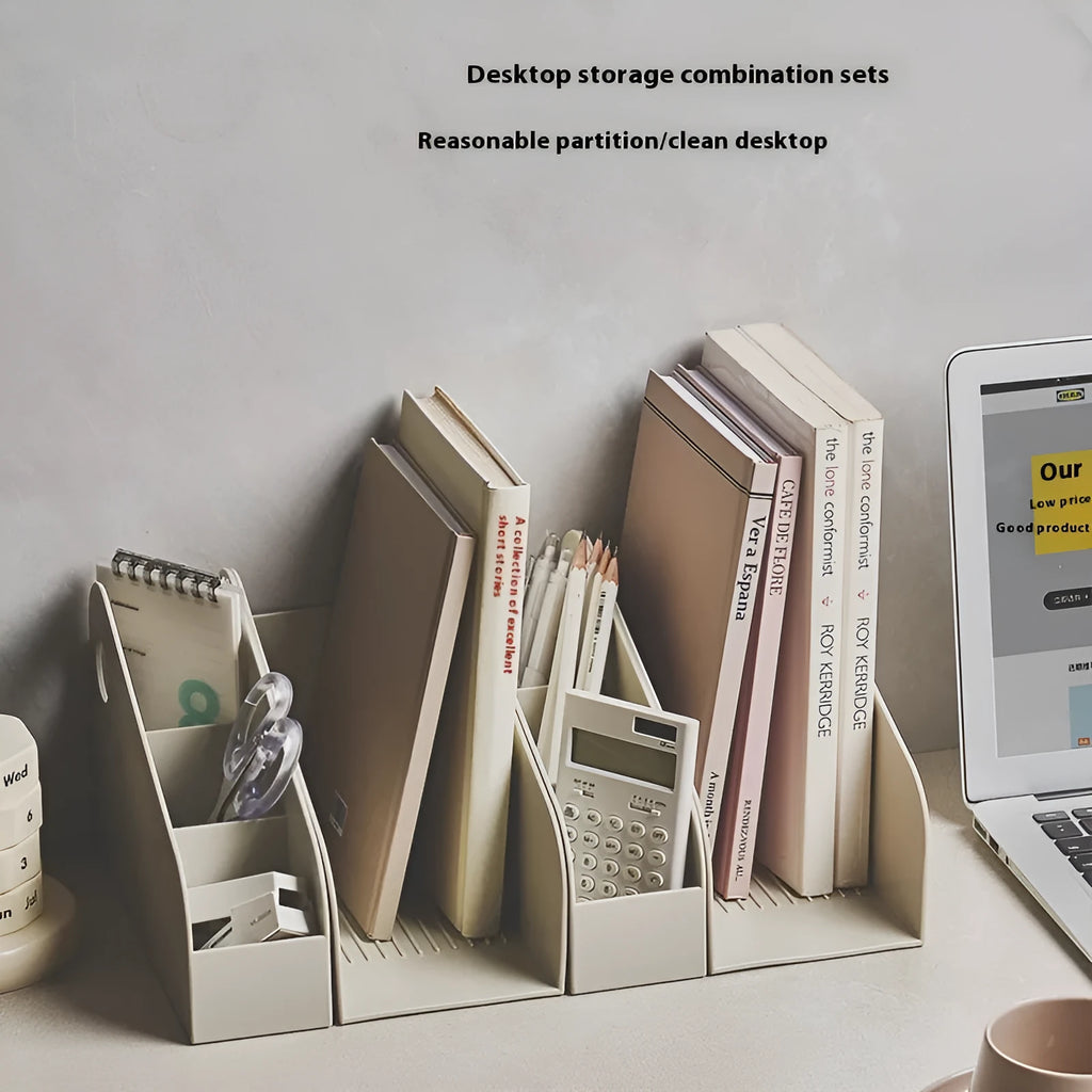 Two-tier white plastic desktop storage box with grid shelves for organising stationery and documents.