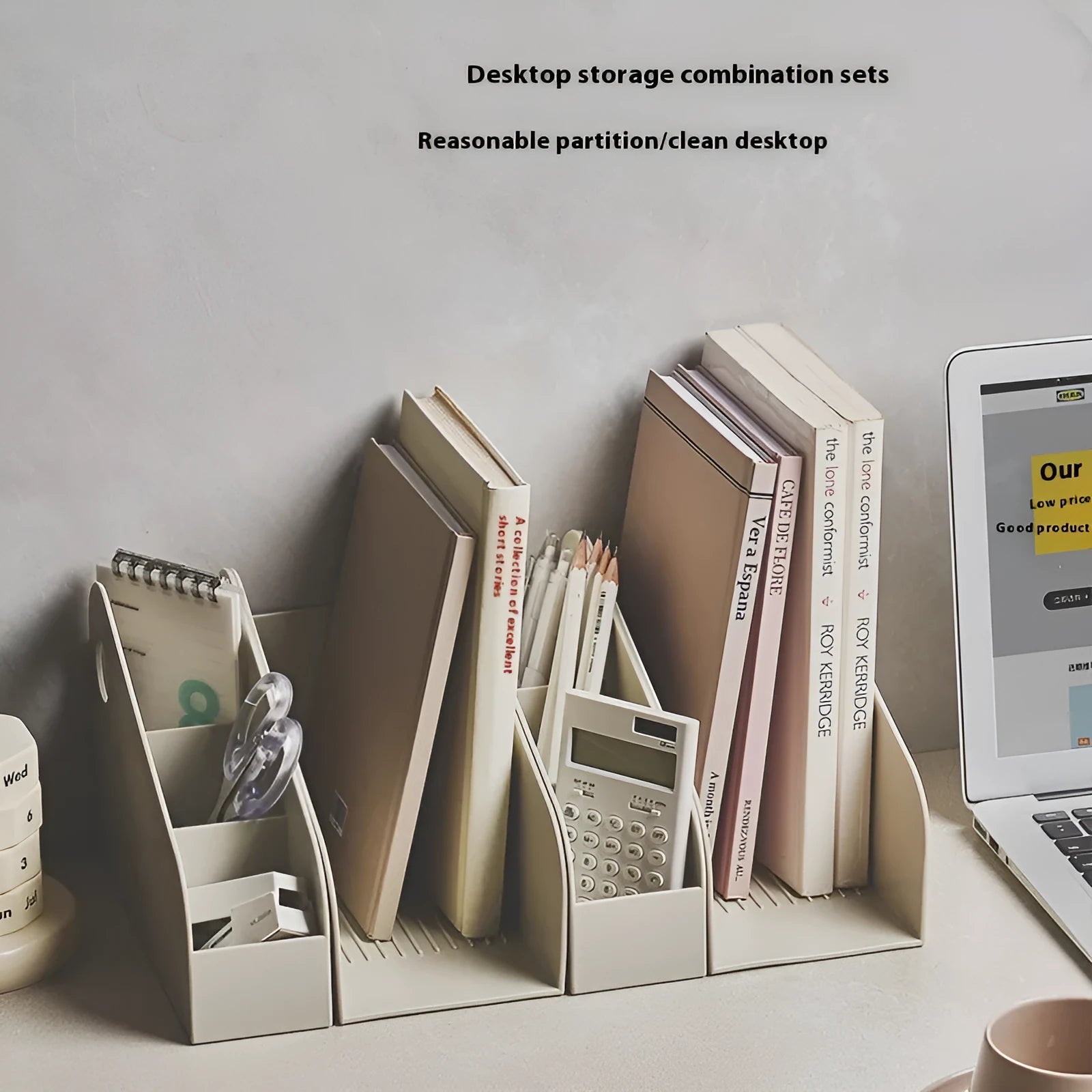 Two-tier white plastic desktop storage box with grid shelves for organising stationery and documents.