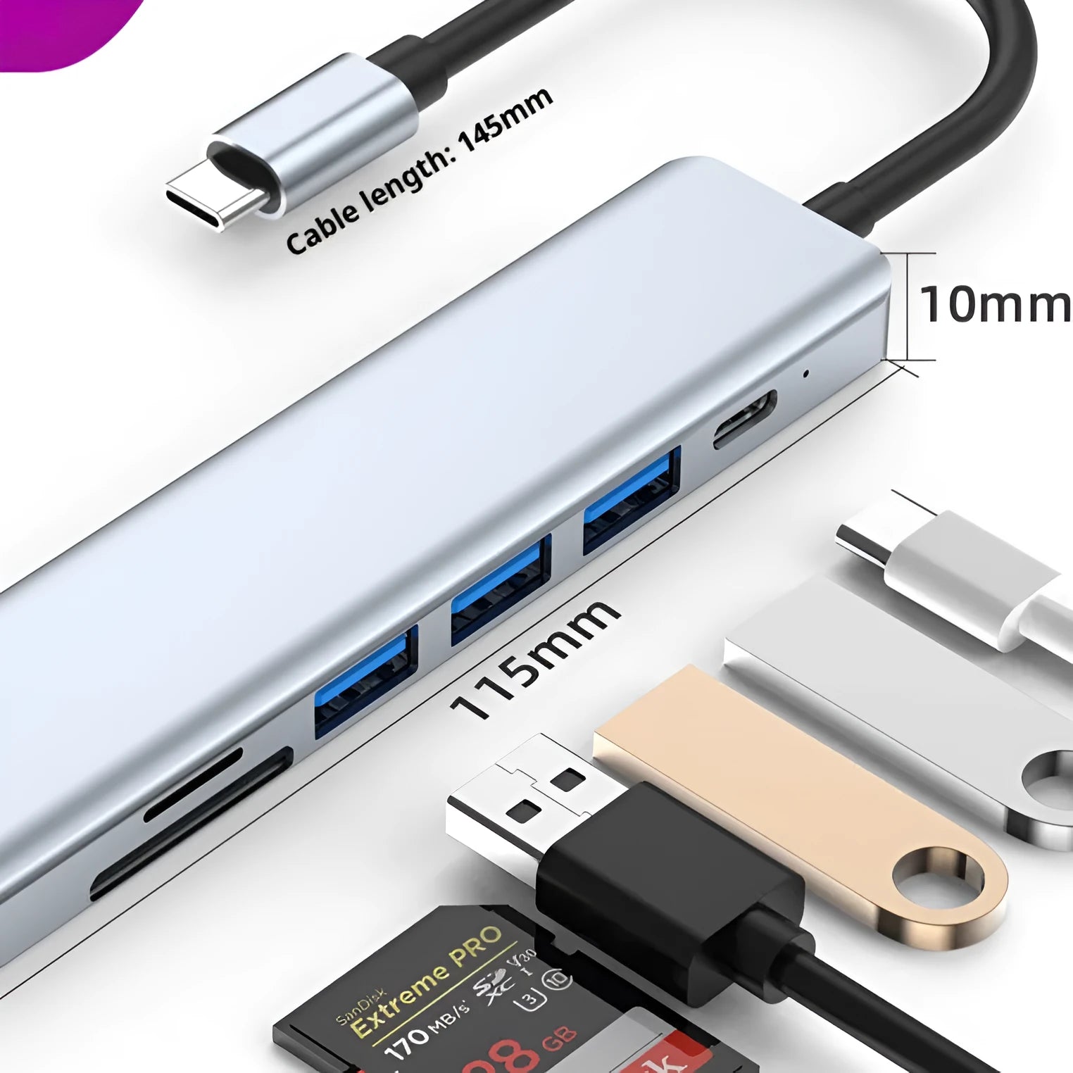 USB expander Type-C to USB docking station with seven ports and 0.145m cable