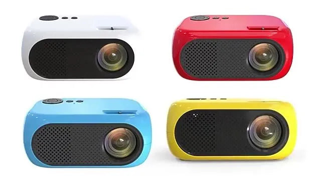 M24 micro mini portable LED projector in gold or white colour on a grey background