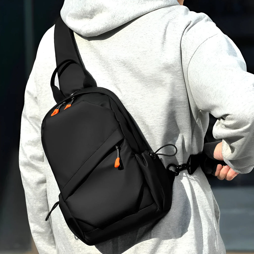 Men's black casual crossbody bag made from waterproof polyester material