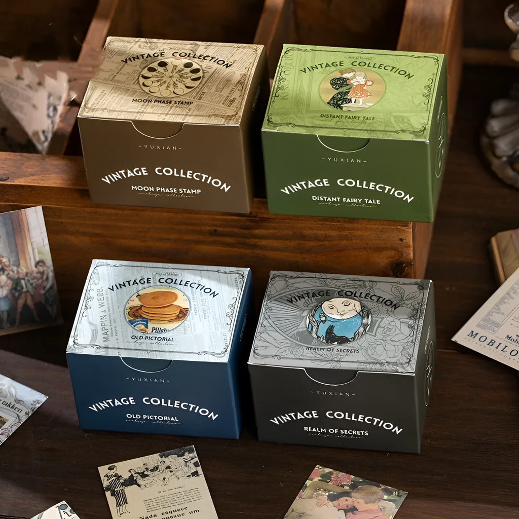 Retro Note box containing 320 decorative material stickers measuring 4cm by 6cm each.