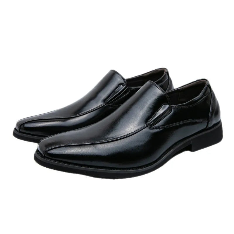 Men's black pointed toe patent leather-style shoes with totem detailing on artificial PU upper