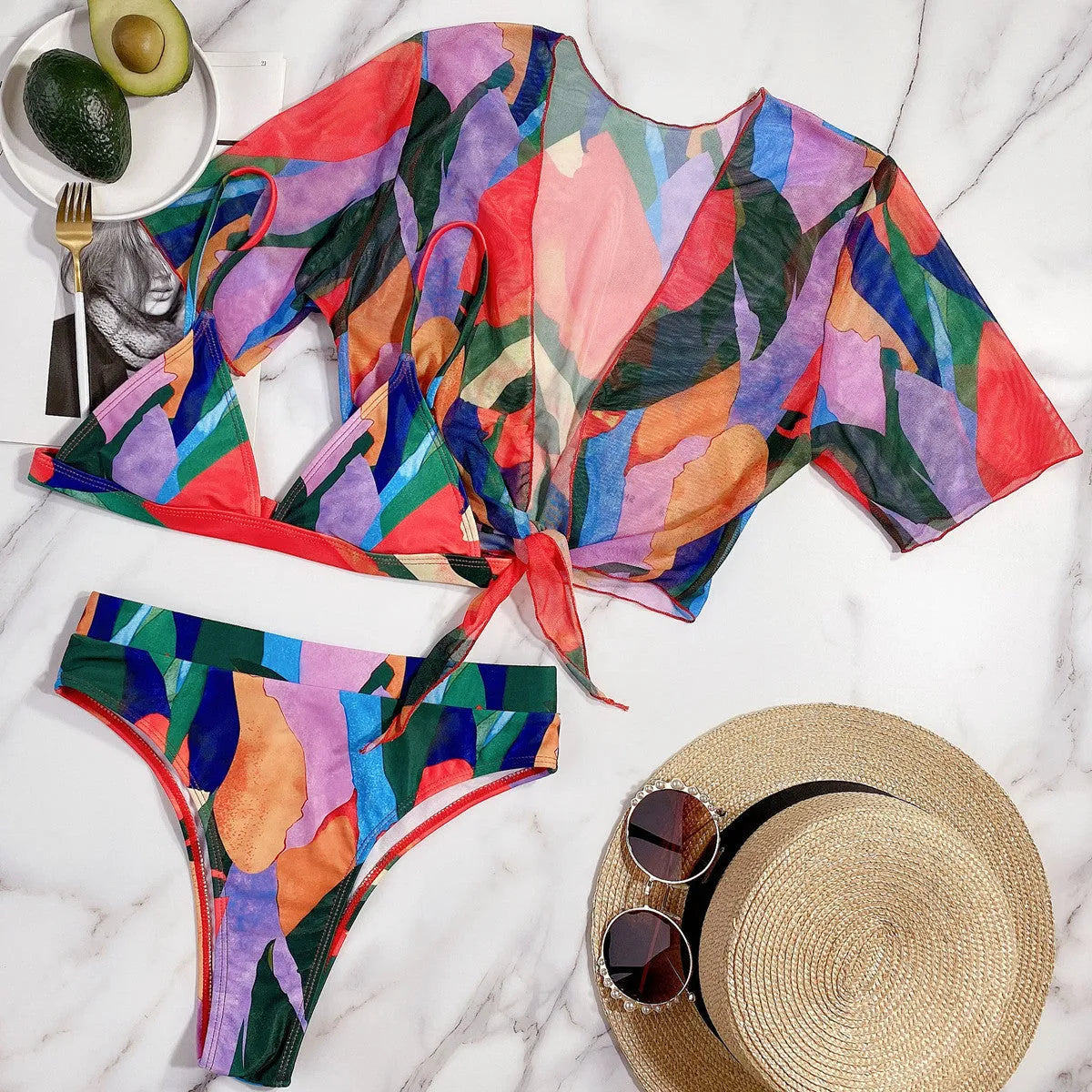 Red printed women's split swimsuit with nylon fabric for swimming and surfing