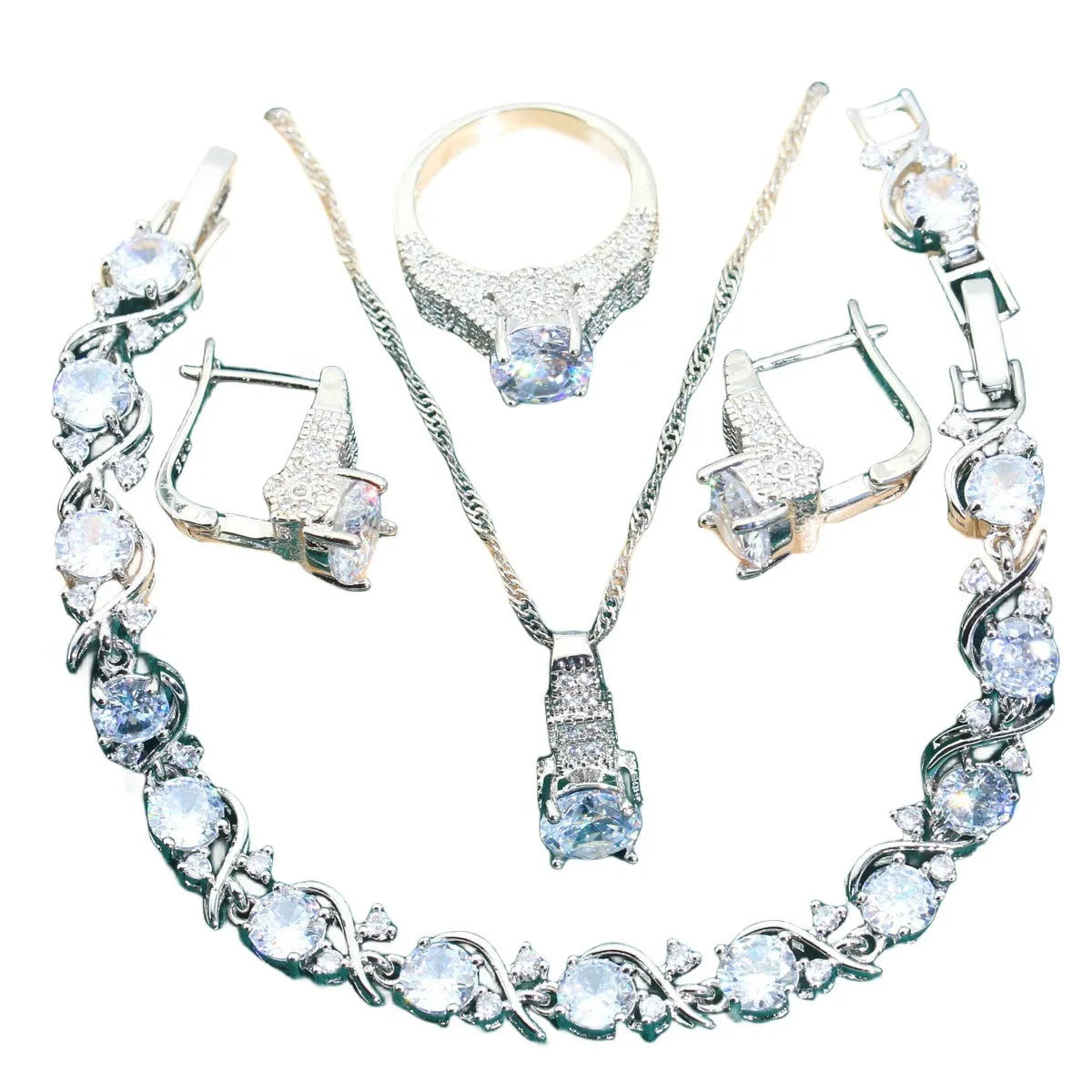 Four-piece bridal zircon jewellery set with necklace, earrings, bracelet and ring in water wave chain design