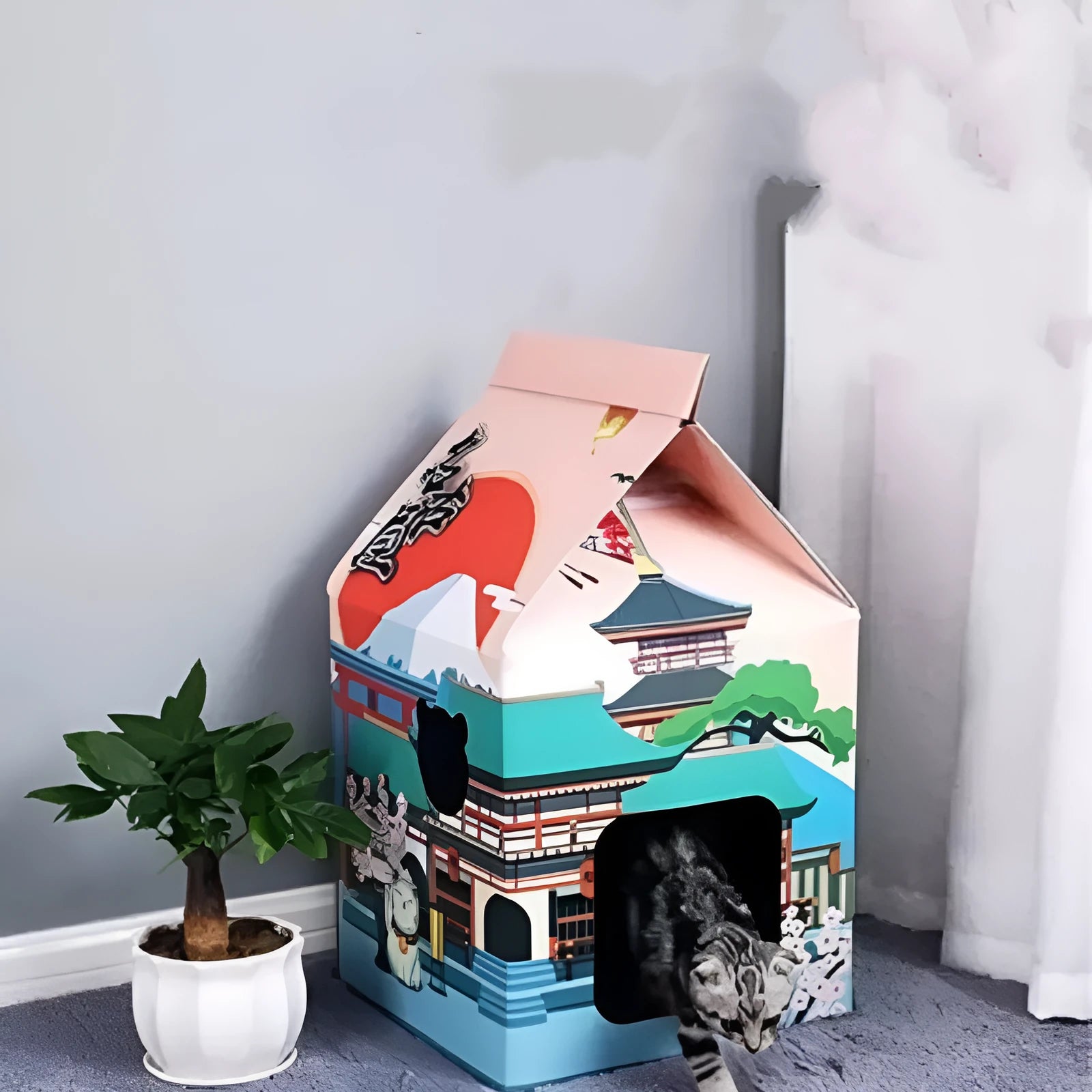 Foldable corrugated paper cat scratching board with Nagoya cat print pattern.