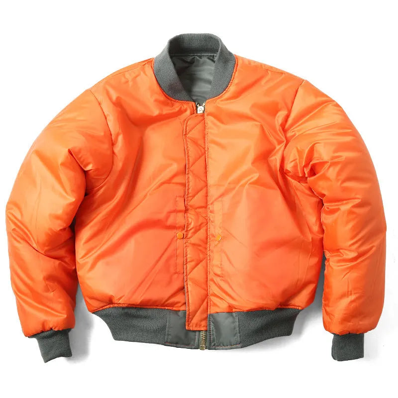 Men's olive green loose-fit cotton-padded pilot jacket with a zip front and workwear styling.