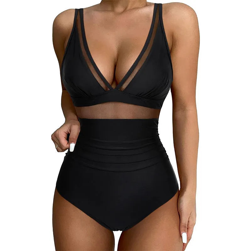 Black nylon mesh halter one-piece swimsuit with briefs bottom for women.