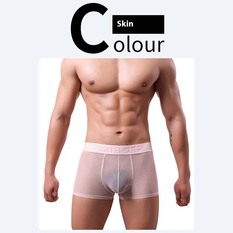 Men's thin invisible boxers in quick-drying polyester fabric, shown in multiple colour options.