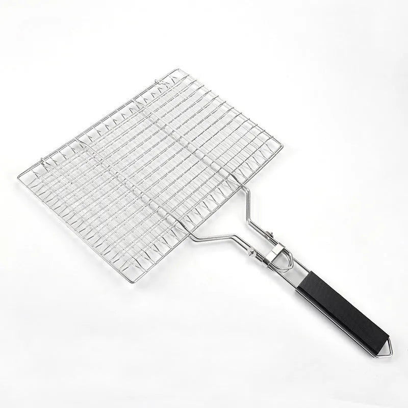 Stainless steel square barbecue grill mesh basket with a folding frame and a cleaning brush.