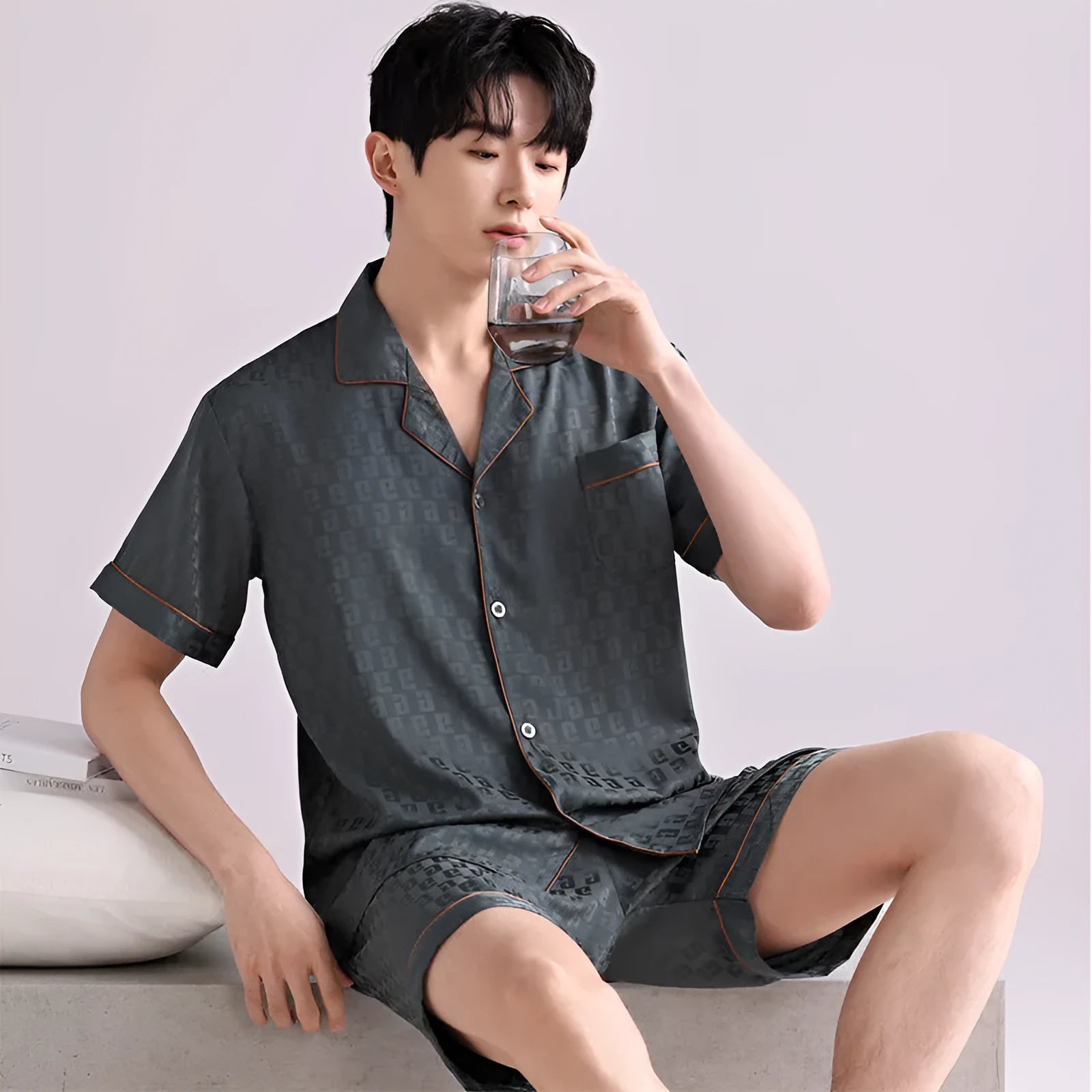 Men's lightweight ice silk pajama set in cardigan style with shorts and satin jacquard patterns