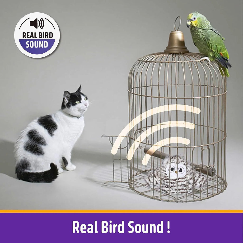 Grey automatic owl cat toy with flapping wings on a plain background