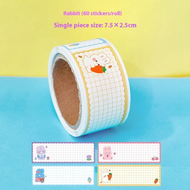 Roll of cartoon tape name stickers with dinosaur, astronaut, rabbit, or girl designs - 60 adhesive labels per roll